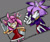 Size: 400x334 | Tagged: safe, artist:charmcaster707, amy rose, blaze the cat, 2022, blushing, duo, frown, grey background, hand on hip, lidded eyes, looking at them, looking offscreen, salute, simple background, smile, standing, wink