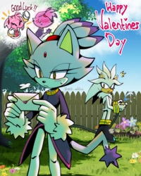 Size: 1080x1350 | Tagged: safe, artist:milk_addicc, amy rose, blaze the cat, silver the hedgehog, abstract background, daytime, duo focus, love letter, outdoors, shipping, silvaze, straight, trio, valentine's day