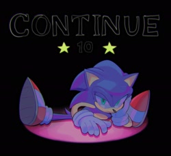 Size: 2048x1866 | Tagged: safe, artist:rennie_zz, sonic the hedgehog, 2025, black background, continue screen, english text, frown, head rest, looking at viewer, redraw, shadow (lighting), simple background, solo, star (symbol)