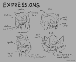 Size: 1998x1620 | Tagged: safe, artist:cha0s_error, amy rose, shadow the hedgehog, sonic the hedgehog, 2025, angry, drawing tutorial, english text, expression tutorial, frown, grey background, line art, monochrome, sad, shocked, simple background, smile, smug, trio, tutorial