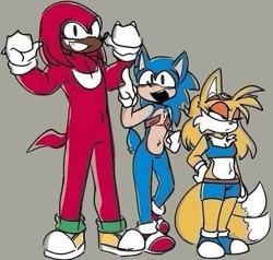 Size: 360x343 | Tagged: safe, artist:curseofx, knuckles the echidna, miles "tails" prower, sonic the hedgehog, oc, oc:myla tails prower, 2024, alternate universe, au:the curse, blue shoes, clenched fists, clothes, crop top, flexing, frown, goggles, grey background, lidded eyes, looking at viewer, looking offscreen, low res, pointing, simple background, smile, standing, team sonic, trans female, trans male, transgender, trio