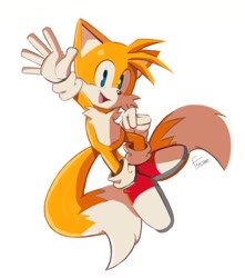 Size: 1022x1154 | Tagged: safe, artist:freessso, miles "tails" prower, 2025, clenched fist, looking at viewer, mid-air, mouth open, signature, simple background, smile, solo, waving, white background