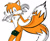 Size: 700x576 | Tagged: safe, artist:pensuke-kun, miles "tails" prower, 2006, breasts, cleavage fluff, featureless breasts, gender swap, holding something, holding tail, looking at viewer, millie "tailsko" prower, nike mouth, pointing, rule 63, signature, simple background, solo, standing, uekawa style, white background, wrench