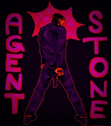 Size: 1800x2048 | Tagged: safe, artist:boodiehw, agent stone, human, 2025, black background, character name, from behind, gun, holding something, outline, simple background, solo, standing