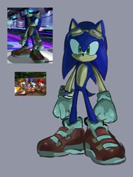 Size: 1536x2048 | Tagged: safe, artist:sheeru_2k, sonic the hedgehog, sonic riders: zero gravity, 2025, clenched fists, grey background, looking offscreen, mouth open, redraw, reference inset, simple background, solo, standing