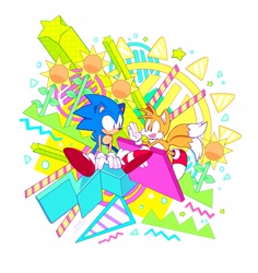 Size: 1937x2048 | Tagged: safe, artist:deltahead, miles "tails" prower, sonic the hedgehog, 2025, abstract background, duo, flat colors, looking at each other, mouth open, sitting, smile, star (symbol), sunflower