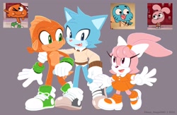 Size: 3072x1997 | Tagged: safe, artist:kanayanga, anais watterson (tawog), barely sonic related, crossover, darwin watterson (tawog), gumball watterson (tawog), mobianified, the amazing world of gumball, trio