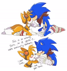 Size: 1351x1449 | Tagged: safe, artist:pachirizuu, miles "tails" prower, sonic the hedgehog, 2025, blushing, dialogue, duo, english text, eyes closed, gay, kiss, looking at each other, shipping, simple background, sonic boom (tv), sonic x tails, underage, white background