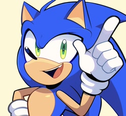 Size: 2048x1896 | Tagged: safe, artist:niko_acc, sonic the hedgehog, hand on hip, looking at viewer, mouth open, pointing, simple background, smile, solo, standing, yellow background