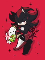 Size: 1535x2048 | Tagged: safe, artist:nchiiiiiibr, shadow the hedgehog, 2025, chaos emerald, holding something, lidded eyes, looking at viewer, mid-air, red background, shadow (lighting), signature, simple background, solo, sparkles