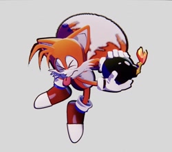 Size: 1171x1033 | Tagged: safe, artist:buppp09, miles "tails" prower, 2025, bomb, classic tails, eyes closed, flying, grey background, holding something, outline, simple background, solo, spinning tails, tails adventure, tongue out