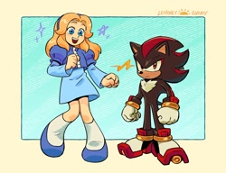 Size: 2048x1574 | Tagged: safe, artist:lemonlysunny, maria robotnik, shadow the hedgehog, human, 2025, abstract background, clenched fist, clenched fists, cute, duo, frown, looking at viewer, looking offscreen, mariabetes, shadowbetes, signature, smile, standing, star (symbol)