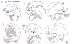 Size: 1880x1155 | Tagged: safe, artist:mixiecic20, sonic the hedgehog, 2025, clenched teeth, english text, expression sheet, finger under nose, floppy ears, frown, head rest, l sign, looking at viewer, looking offscreen, monochrome, mouth open, pout, saliva, simple background, sleeping, smile, solo, tongue out, white background, yelling, zzz