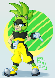 Size: 2844x3993 | Tagged: safe, artist:zeriphi, surge the tenrec, 2024, abstract background, hand on hip, looking offscreen, pointing, shadow (lighting), signature, smile, solo, standing, tongue out