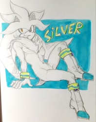 Size: 1466x1858 | Tagged: safe, artist:infinity-max, silver the hedgehog, 2019, abstract background, character name, clenched teeth, leaning back, monochrome, sitting, smile, solo, traditional media