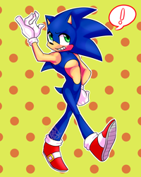 Size: 1200x1500 | Tagged: safe, artist:infinity-max, sonic the hedgehog, 2018, abstract background, clenched teeth, exclamation mark, hand on hip, looking at viewer, outline, signature, smile, solo, walking