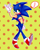 Size: 1200x1500 | Tagged: safe, artist:infinity-max, sonic the hedgehog, 2018, abstract background, clenched teeth, exclamation mark, hand on hip, looking at viewer, outline, signature, smile, solo, speech bubble, treads, walking, white outline