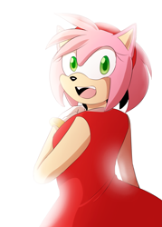 Size: 1887x2641 | Tagged: safe, artist:milk-green-tea, amy rose, 2018, eyelashes, looking at viewer, looking over shoulder, mouth open, simple background, smile, solo, standing, white background