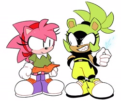 Size: 2048x1739 | Tagged: safe, artist:candycatstuffs, amy rose, surge the tenrec, 2022, classic amy, classic style, classic surge, clenched teeth, duo, electricity, flat colors, frown, looking at each other, shrunken pupils, simple background, smile, standing, white background