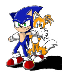 Size: 651x791 | Tagged: safe, artist:sgtyoshi, miles "tails" prower, sonic the hedgehog, 2007, clenched fist, duo, frown, holding them, looking at viewer, protecting, shadow (lighting), simple background, white background