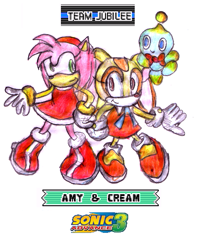 Size: 427x542 | Tagged: safe, artist:titanhedgehog, amy rose, cheese (chao), cream the rabbit, chao, 2004, english text, hand on hip, looking at each other, neutral chao, pencilwork, redraw, simple background, smile, sonic advance 3, standing, team jubilee, traditional media, trio, white background