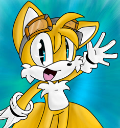 Size: 838x891 | Tagged: safe, artist:sonicschilidog, miles "tails" prower, 2010, goggles, gradient background, looking at viewer, mouth open, smile, solo, standing, waving