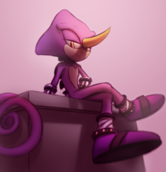 Size: 1755x1824 | Tagged: safe, artist:royalbootlace, espio the chameleon, 2020, from below, frown, lidded eyes, looking at viewer, pink background, simple background, sitting, solo