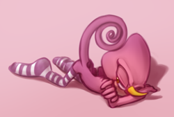 Size: 1078x728 | Tagged: safe, artist:royalbootlace, espio the chameleon, 2019, blushing, lidded eyes, lying down, lying on front, pink background, simple background, solo, stockings