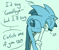 Size: 941x802 | Tagged: safe, artist:royalbootlace, sonic the hedgehog, 2019, bending over, clenched teeth, dialogue, english text, flat colors, green background, lidded eyes, looking back, looking offscreen, raised tail, simple background, smirk, solo, star (symbol)