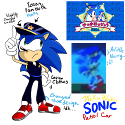 Size: 2000x2000 | Tagged: safe, artist:artisyone, sonic the hedgehog, 2014, english text, frown, hat, looking up, redesign, reference inset, sheriff star, simple background, solo, standing, waku waku sonic patrol car, white background