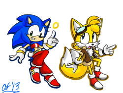 Size: 904x680 | Tagged: safe, artist:artisyone, miles "tails" prower, sonic the hedgehog, 2013, clenched teeth, clothes, duo, gender swap, goggles, looking at viewer, mouth open, pointing, ring, signature, simple background, smile, white background