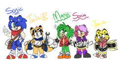 Size: 1176x600 | Tagged: safe, artist:galaxysodapop, miles "tails" prower, sonia the hedgehog, sonic the hedgehog, tania the hedgehog, 2021, alternate outfit, alternate universe, au:sonic genesis, character name, group, manic the hedgehog, redesign, simple background, standing, white background