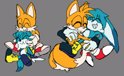 Size: 1649x1015 | Tagged: safe, artist:eddiesheep, kit the fennec, miles "tails" prower, 2025, clenched teeth, cute, duo, eyes closed, flat colors, gay, grey background, hugging, kitabetes, kitails, simple background, sketch, smile, tailabetes