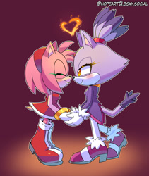 Size: 1607x1905 | Tagged: safe, artist:star-vanguard, amy rose, blaze the cat, 2025, amy x blaze, amybetes, blazebetes, blushing, cute, duo, eyes closed, fire, heart, holding each other, lesbian, lidded eyes, looking at them, outline, purple background, shadow (lighting), shipping, signature, simple background, smile, standing, valentine's day