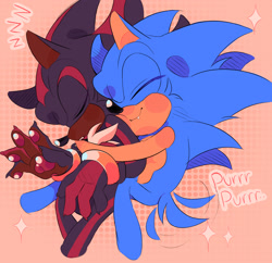 Size: 2048x1979 | Tagged: safe, artist:justashedd, shadow the hedgehog, sonic the hedgehog, 2025, abstract background, claws, cute, duo, eyes closed, gay, hugging, hugging from behind, lying on side, one fang, pawpads, shadow x sonic, shadowbetes, shipping, signature, smile, snuggling, sonabetes, sparkles, wagging tail, zzz