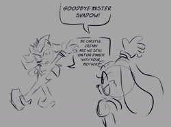 Size: 1887x1406 | Tagged: safe, artist:lavenderbirchtrees, cream the rabbit, shadow the hedgehog, 2025, dialogue, duo, english text, grey background, line art, looking at each other, monochrome, mouth open, simple background, sketch, smile, walking, waving