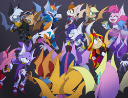 Size: 1280x985 | Tagged: safe, artist:winekqknw, amy rose, blaze the cat, bunnie rabbot, rouge the bat, sally acorn, tangle the lemur, vanilla the rabbit, whisper the wolf, bat, 2024, applejack, clothes, crossover, fangs, fluttershy, frown, gradient background, group, holding hands, lesbian, lidded eyes, looking at each other, looking at them, mane six (mlp), mobianified, mouth open, my little pony, pinkie pie, rainbow dash, rarity, shipping, smile, species swap, starlight glimmer, sunset shimmer, tangle x whisper