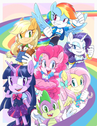 Size: 1000x1300 | Tagged: safe, artist:kanayanga, 2023, abstract background, alicorn, applejack, barely sonic related, clothes, crossover, dragon, earth pony, fluttershy, group, looking at viewer, mane six (mlp), mobianified, my little pony, pegasus, pinkie pie, pony, rainbow, rarity, smile, spike (mlp), standing, twilight sparkle, unicorn