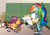 Size: 5572x3845 | Tagged: dead source, safe, artist:atomiclance, abstract background, barely sonic related, clothes, couch, crayon, crossover, duo, english text, holding something, indoors, looking at something, lying on front, my little pony, pegasus, picture, pony, rainbow dash, scootaloo, sleeping, smile, standing