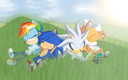 Size: 840x525 | Tagged: dead source, safe, artist:atomiclance, miles "tails" prower, silver the hedgehog, sonic the hedgehog, abstract background, clouds, crossover, daytime, eyes closed, grass, group, lidded eyes, looking offscreen, lying back, lying down, mobianified, mouth open, my little pony, outdoors, pegasus, pony, rainbow dash, sleeping, smile, sun