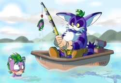 Size: 900x618 | Tagged: dead source, safe, artist:atomiclance, big the cat, froggy, cat, frog, 2015, abstract background, angry, blushing, boat, clouds, crossover, daytime, dragon, embarrassed, fishing, fishing pole, frown, holding something, looking at something, looking at them, mobianified, my little pony, ocean, sitting, spike (mlp), surprised, swimming trunks, trio, water