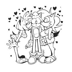 Size: 3500x3500 | Tagged: safe, artist:klacket, amy rose, sally acorn, sonic the hedgehog, amy x sally x sonic, amy x sonic, bikini, eyes closed, frown, heart, kiss on cheek, line art, love triangle, monochrome, sally x sonic, shipping, straight, trio