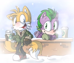 Size: 3500x3000 | Tagged: dead source, safe, artist:atomiclance, miles "tails" prower, fox, abstract background, brick wall, clothes, coffee, crossover, dragon, duo, holding something, leaning, looking at viewer, mobianified, my little pony, one fang, smile, snow, snowing, spike (mlp), standing, winter, winter outfit