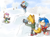 Size: 1246x914 | Tagged: dead source, safe, artist:atomiclance, miles "tails" prower, sonic the hedgehog, fox, hedgehog, abstract background, clothes, clouds, crossover, daytime, female, flying, group, holding something, looking at each other, looking at them, machinery, male, mobianified, my little pony, outdoors, pegasus, pointing, pony, rainbow dash, scootaloo, smile, smirk, snow, snow fort, snowball, snowball fight, snowball launcher, snowing, standing, tree, winter, winter outfit