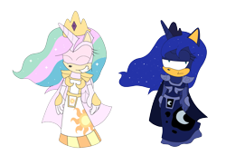 Size: 4019x2923 | Tagged: dead source, safe, artist:atomiclance, alicorn, barely sonic related, cape, clenched teeth, clothes, crossover, dress, duo, eyes closed, flat colors, lidded eyes, mobianified, my little pony, pony, pout, princess celestia, princess luna, simple background, sisters, smile, standing, transparent background