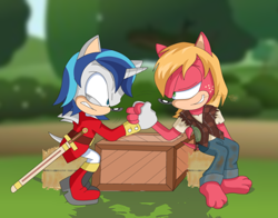 Size: 614x482 | Tagged: dead source, safe, artist:atomiclance, abstract background, arm wrestling, barefoot, barely sonic related, big macintosh, box, clenched teeth, clothes, daytime, duo, earth pony, forest, freckles, frown, looking at each other, mobianified, my little pony, outdoors, pony, shadow (lighting), shining armor, sitting, smile, sword, unicorn, wheat