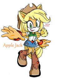 Size: 778x960 | Tagged: safe, artist:rileywv3, 2016, applejack, barely sonic related, character name, crossover, earth pony, looking at viewer, mobianified, mouth open, my little pony, pony, signature, simple background, smile, solo, standing on one leg, white background