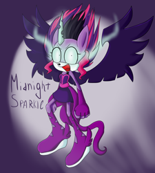 Size: 1800x2000 | Tagged: safe, artist:demonrexadouro, 2016, alicorn, barely sonic related, character name, crossover, demon, glowing eyes, gradient background, looking at viewer, midnight sparkle, mobianified, mouth open, my little pony, shrunken pupils, smile, solo, twilight sparkle