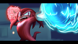 Size: 1400x788 | Tagged: safe, artist:blazetbw, knuckles the echidna, sonic the hedgehog, sonic the hedgehog 2 (2022), 2021, abstract background, border, duo, electricity, knuckles catches sonic, meme, mouth open, redraw, spinball, standing