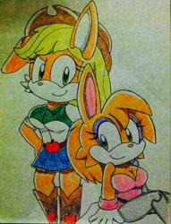 Size: 1249x1632 | Tagged: dead source, safe, artist:sparklesthestarfox, bunnie rabbot, rabbit, applejack, cleavage, crossover, cyborg, duo, floppy ear, looking at viewer, mobianified, my little pony, sitting, smile, species swap, standing, traditional media